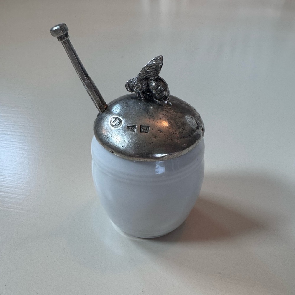 Pillivuyt White French Ceramic & Italian Pewter honey holder with spoon